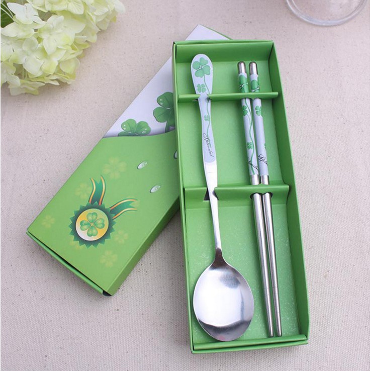 Sendok Makan Korea Cutlery Set hijau Isi 2 / souvenir pernikahan alat makan / Alat Makan Set Stainle