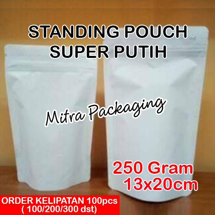 

KPACK KEMASAN KOPI 100GR STANDING POUCH ALUMUNIUM FOIL PADAT SUPER PUTIH 250 + ZIPLOCK