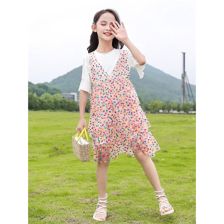 Promo !! Dress anak import trendy / dress polka colorful layer ukuran 3-6tahun
