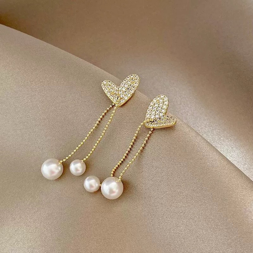 【COD Tangding】 Anting Tusuk Gantung Bentuk Hati Aksen Rumbai Mutiara Imitasi Untuk Wanita
