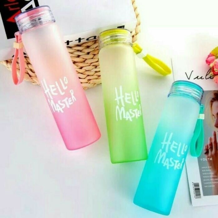 Botol Minum #B72 Kaca HELLO MASTER + Pouch Bukan Termos My Bottle