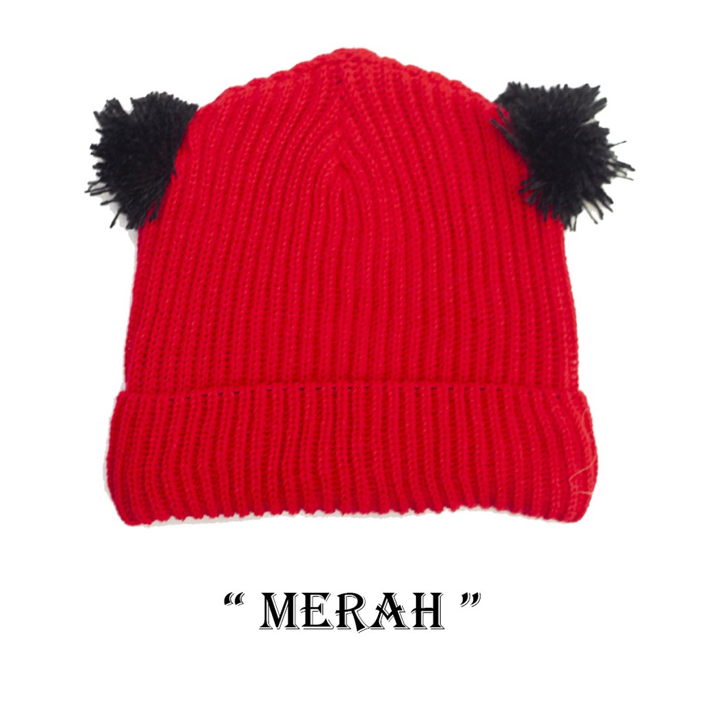 Kupluk Pompom Anak Bayi Cewek Cowok Polos / Bordir Nama Suka Suka-Merah