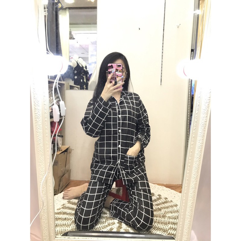 piyama/pajamas kotak&quot; PP hitam murah.homewear/sleepwear/bajutidur cwe PP tartan black kekinian