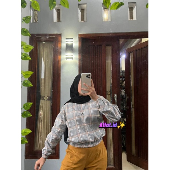 KEMEJA CROP TOP | TARTAN BLOUSE| LENGAN KARET BALLON | BEST SELLER COD