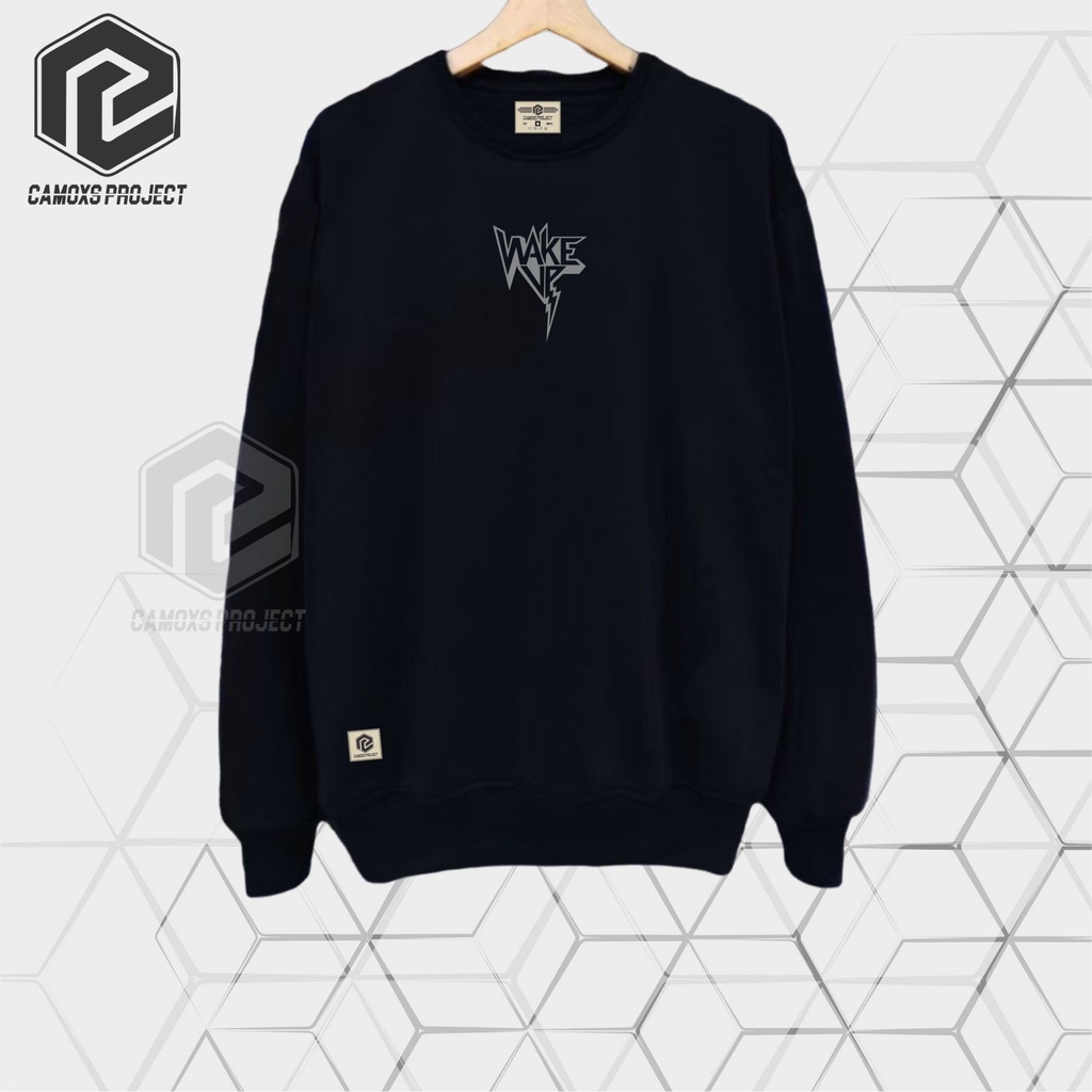 Sweater Crewneck Sweatshirt Hitam List Wake Up SIZE M - XXL Cowok Cewek / Pria Wanita Terlaris