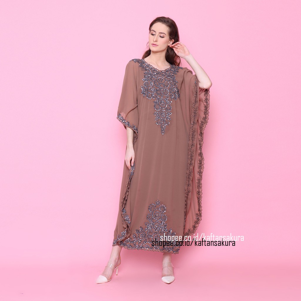 kaftan maxi wanita muslim jumbo terbaru payet full mewah warna cokelat bahan siffon untuk lebaran 2023