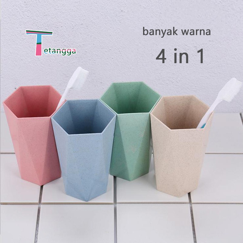 4Pcs Wheatstraw Cangkir Plastik Cup Warna Warni Set Wheat Water Fashion Water Toothbrush Cup Tetangg