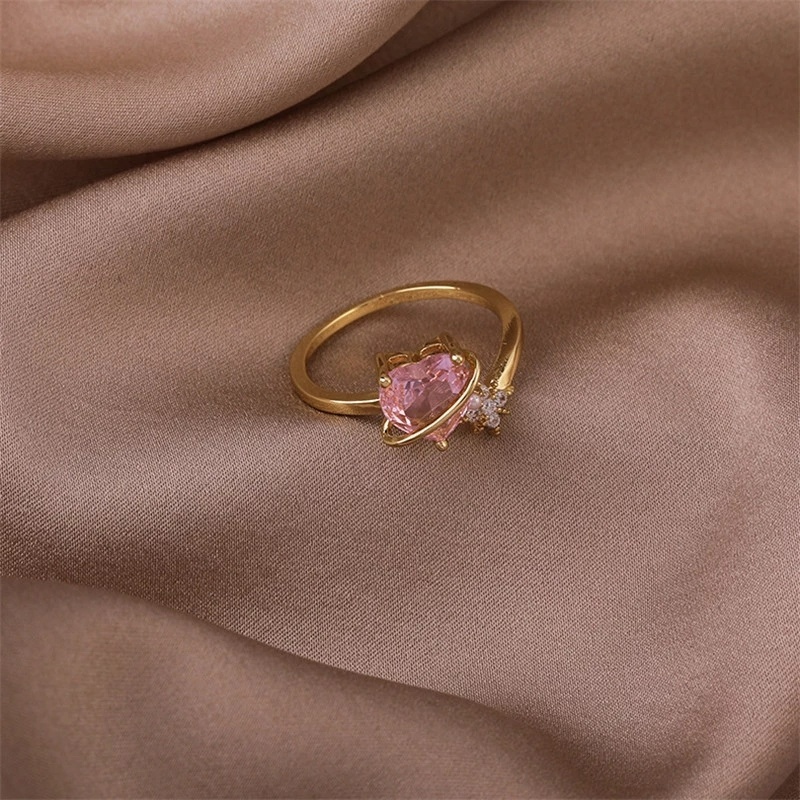 Cincin Model Terbuka Desain Hati Aksen Zirkon Warna Pink Untuk Wanita