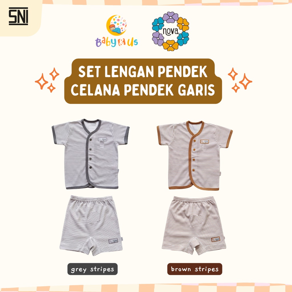 Nova Setelan Baju Pendek dan Celana Pendek Bayi Stripes Abu Coklat 3-6 6-12 12-18 bulan