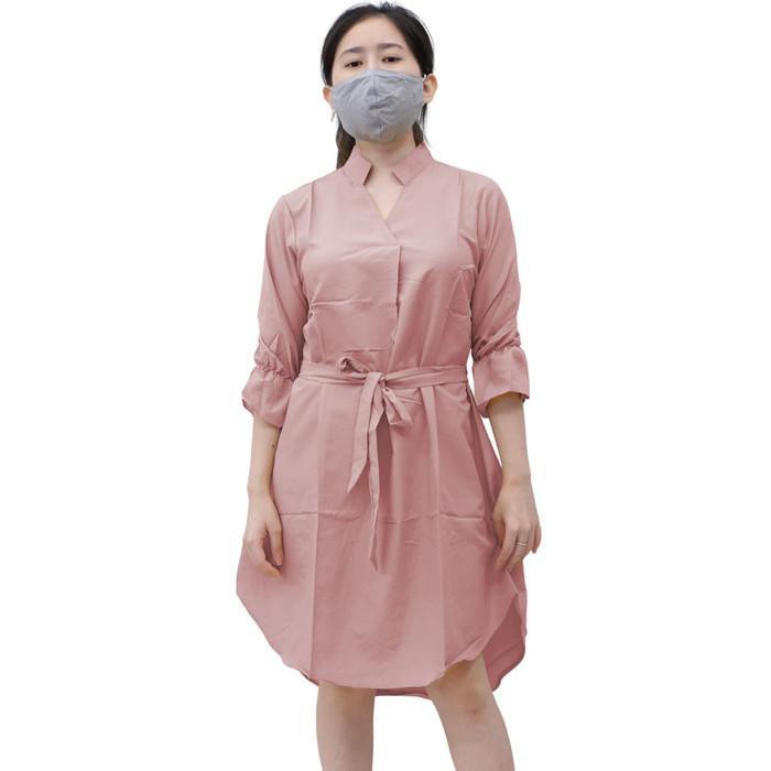 Baju Wanita Kekinian Dress mini bahan koreansilk + tali belt (PINK DUSTY)