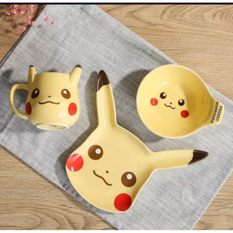 gelas mug pikachu pokemon paket piring kecil dan mangkok