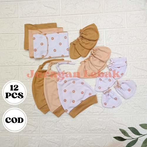 Sarung tangan bayi, Sarung kaki bayi (kaoskaki bayi newborn), Gurita dan kupluk bayi seri coklat paket sartaki bayi set 12pcs  Juragan Lebak JL baby