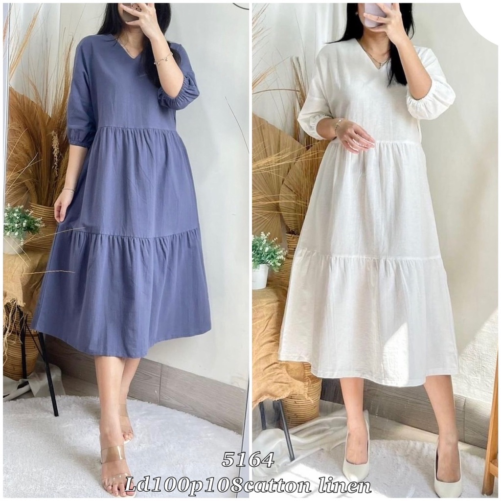 RESTOCK 5164 Midi Dress V Casual Wanita Katun Linen Import Baju Fashion Milenial Lengan Karet Cewek 