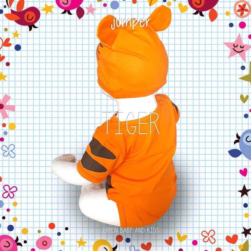 Ermon Baby - Baju Bayi Laki Laki Jumper Baby Cowok Lucu Karakter Macan Tiger + Topi usia 0 - 12 Bulan