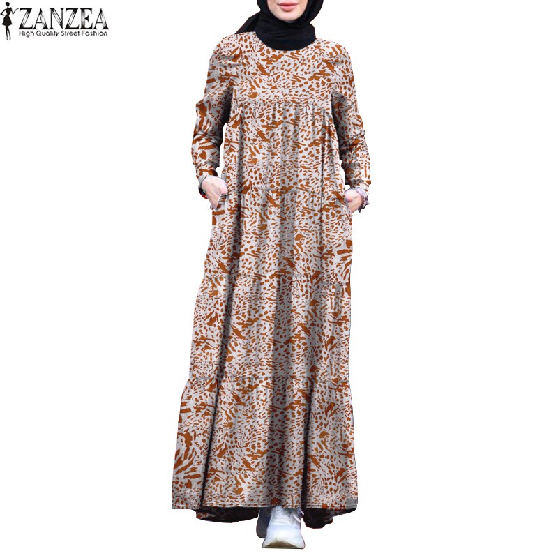 ZANZEA Women Long Sleeve Vintage Printed Muslim Loose Maxi Dress