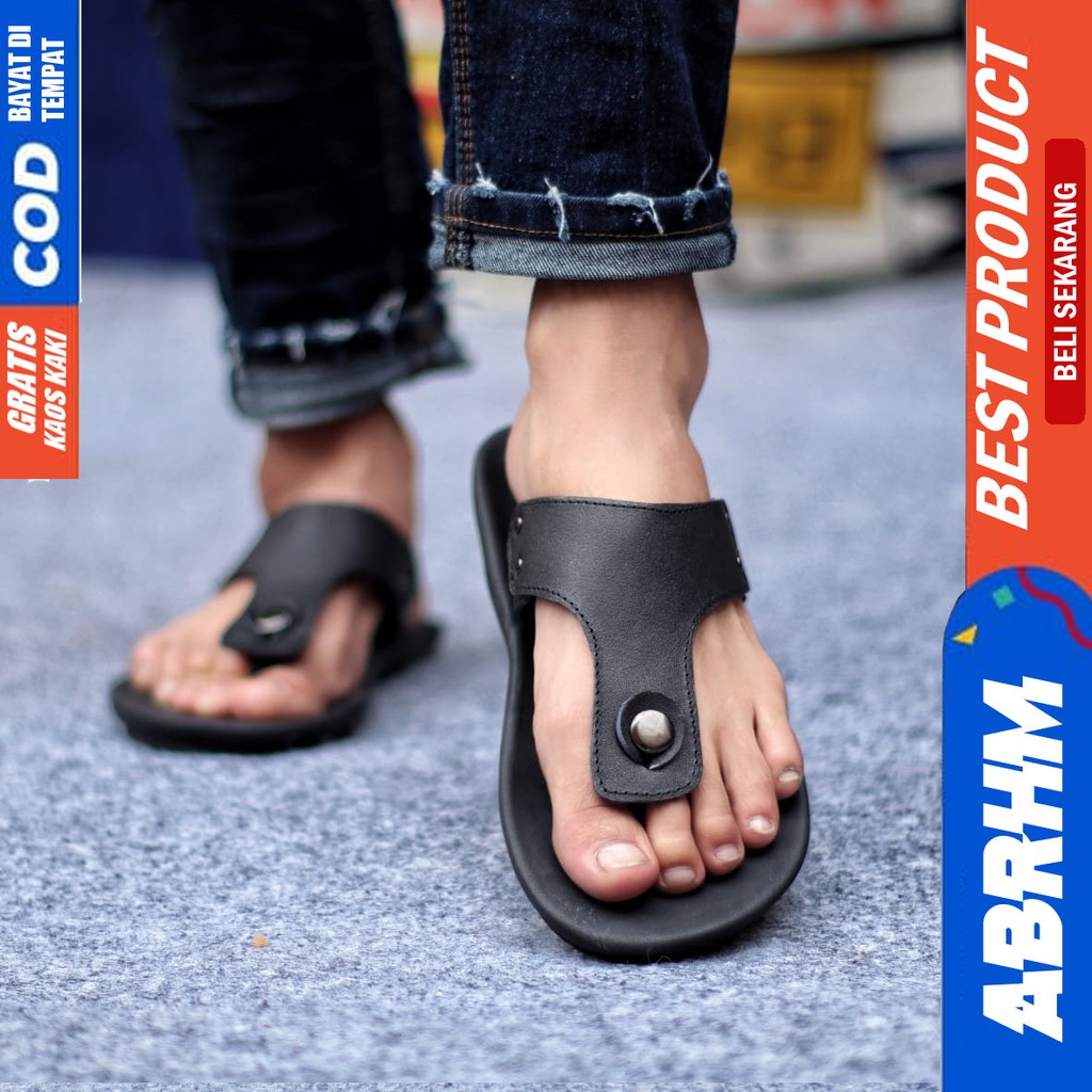 ABRHM x CLOVER Sandal Jepit Pria Sandal Pria Kulit Asli Sandal Japit Cowok / Cowo Keren Ori Kekinian