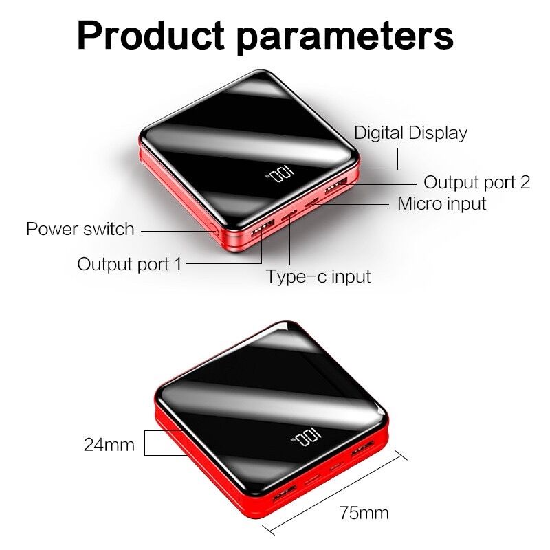 PowerBank 20000 mAh Mini Power Bank Mirror Screen Digital Display External Battery Quick Charger