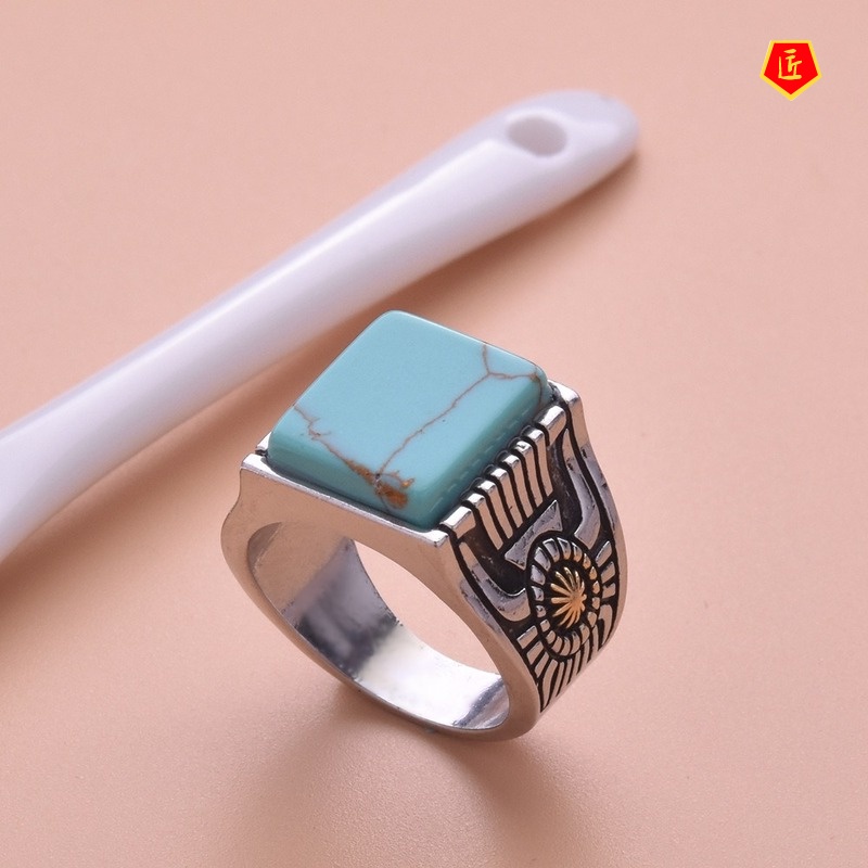 [Ready Stock]Inlaid Square Turquoise Sunflower Ring 18K Gold Color Separation Fashion Personality