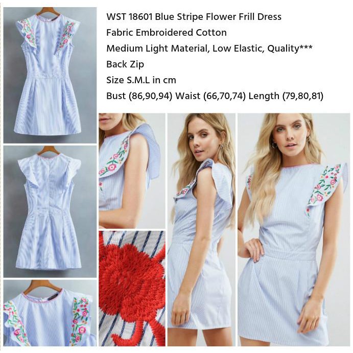 Dress Flower Strip Ocean Blue Dress Bunga Garis Biru Import
