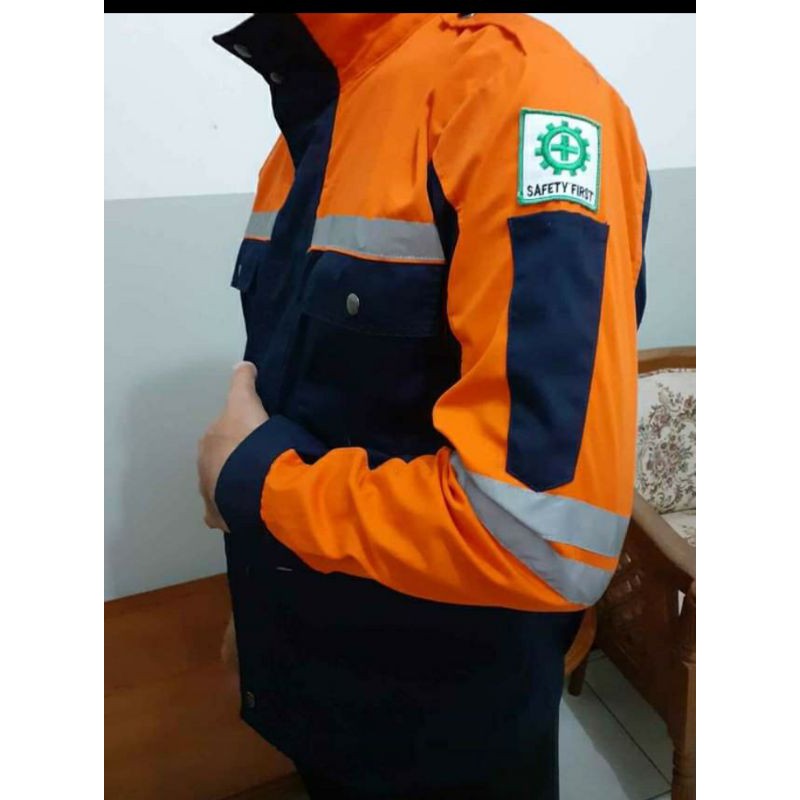 BAJU SAFETY SERAGAM KERJA ATASAN SEMI JAKET FREE LOGO K3 BENDERA