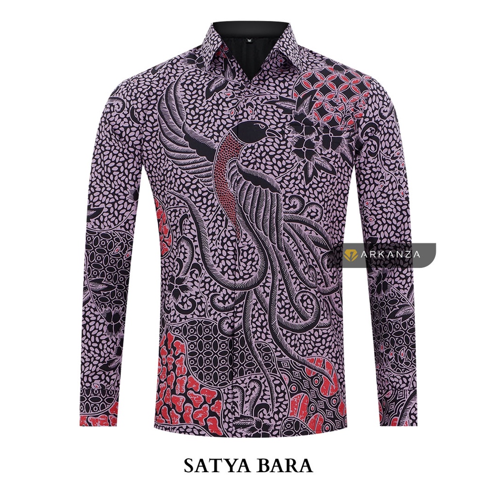 BATIK ARKANZA Motif SATYA BARA Hem Atasan Kemeja Baju Batik Pria Cowok Produsen Slimfit Memakai Furing Lengan Panjang