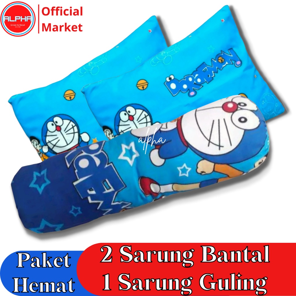 sarung bantal guling 1set murah motif karakter kartun anak doraemon bahan katun disperse warna tidak luntur