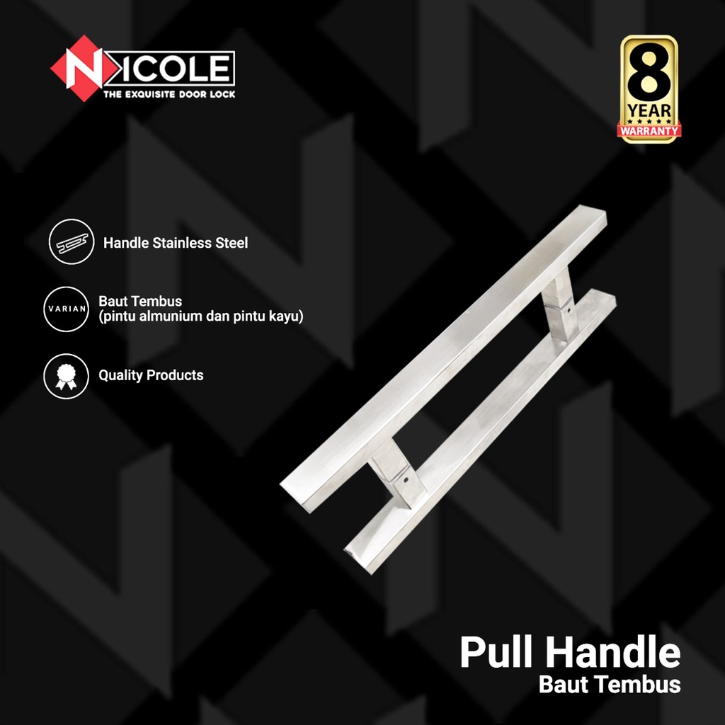 Pull Handle Tarikan Pintu Gagang Pintu Stainless Steel Baut Tembus Silver Polos-45CM