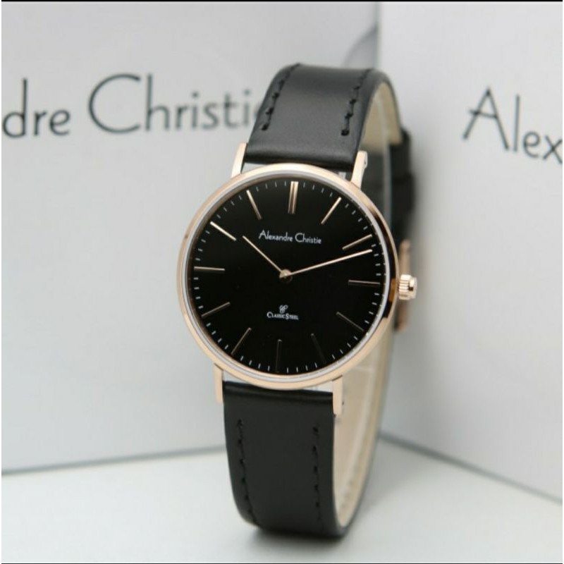 ORIGINAL JAM TANGAN WANITA ALEXANDRE CHRISTIE CEWEK BLACK ROSEGOLD KULIT ALEXANDER CRISTIE AC 8490