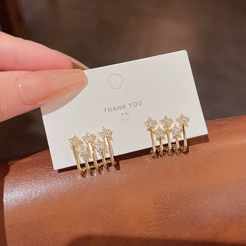 Anting Stud 925 silver needle Bentuk Bintang Aksen Berlian Untuk Wanita