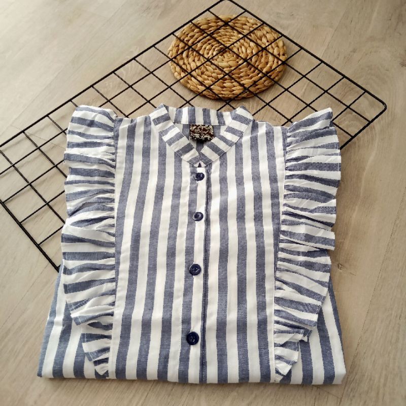Desof Qia Top Baju Atasan Wanita Lengan Panjang Blouse Katun-Stripes blue