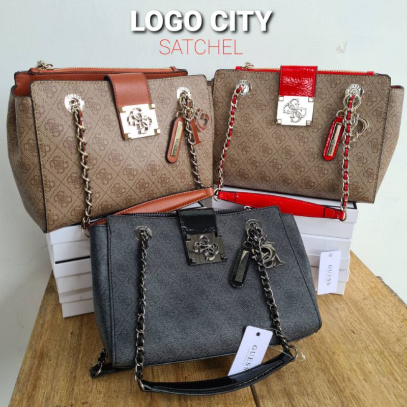 (WODB) Diskon 6.6 big sale Tas Guess logo city satchel red brown,full brown,coffee,black,cream