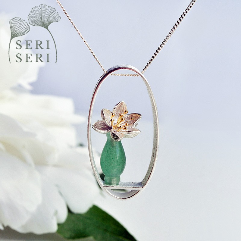 SERI SERI Kalung Wanita Perak 925 Asli Jade Lotus Sterling Silver Necklace