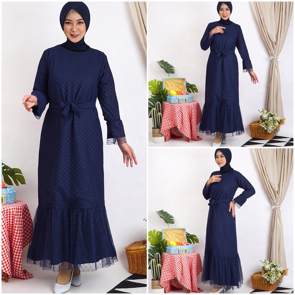 (Dijamin RealPict) Gamis Helwa Tile Polkadot Maxi Dres Lebaran Long Dress Busana Muslim Murah!!