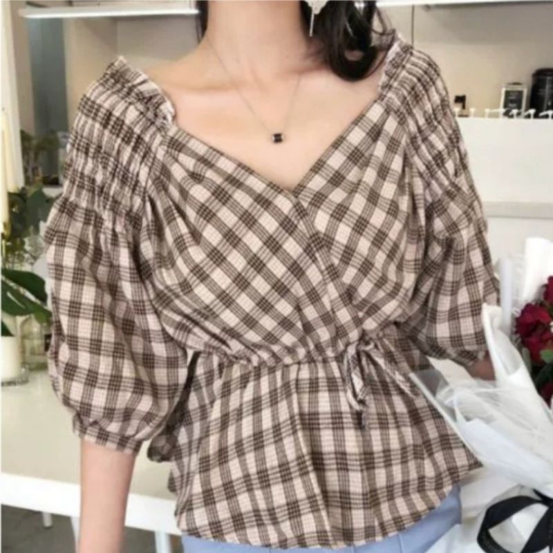 MDLV ~ 8289 PLAID ELASTIC WAIST PEPLUM TOP // ATASAN SABRINA LENGAN PANJANG // FASHION IMPORT WANITA