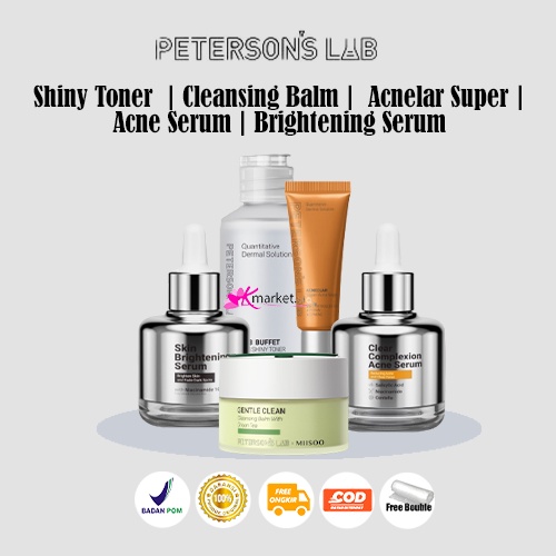 PETERSON'S LAB Brightening Serum (40ml) | Acne Serum (40ML) | Acne Sniper with 2% BHA (15ml) |  Shiny Toner (100ml) | Cleansing Balm Green Tea (100g)