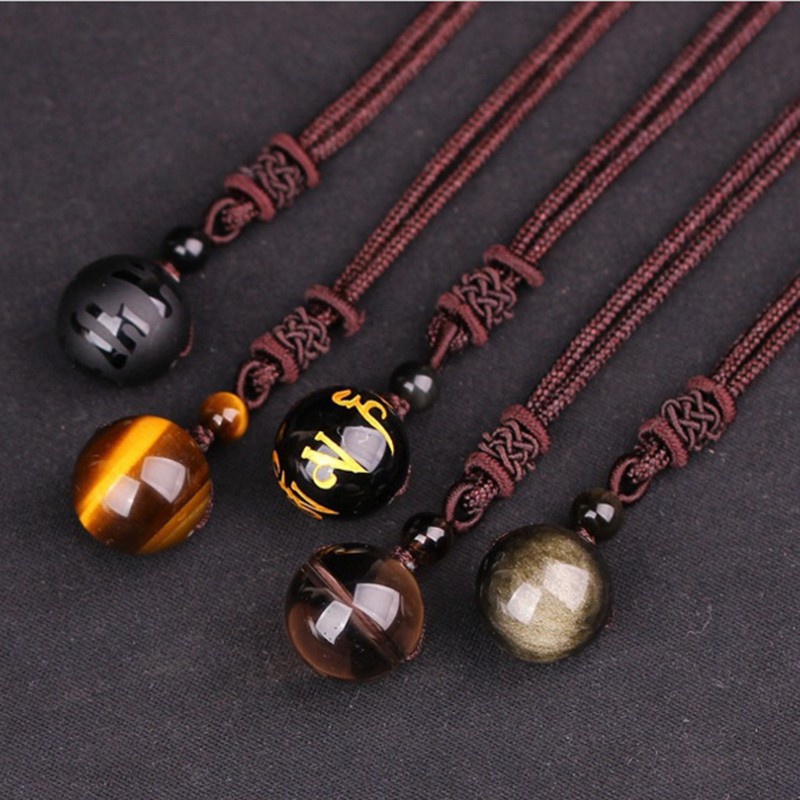 Lucky Bead 16Mm Obsidian Sandstone Agate Smoky Quartz Necklace Pendant Natural Genuine Crystal