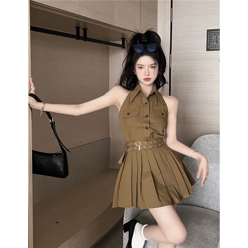 Keinginan murni setelan busana polo kerah tanpa lengan kamisol top wanita high-end rok lipit set dua