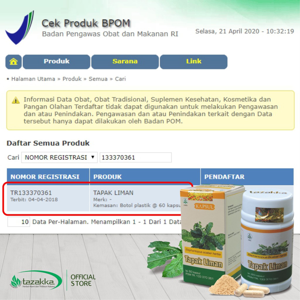 OBAT BATU GINJAL | Kapsul herbal Daun TAPAK LIMAN Tazakka ISI 60 Kapsul  HALAL BPOM Original 100%