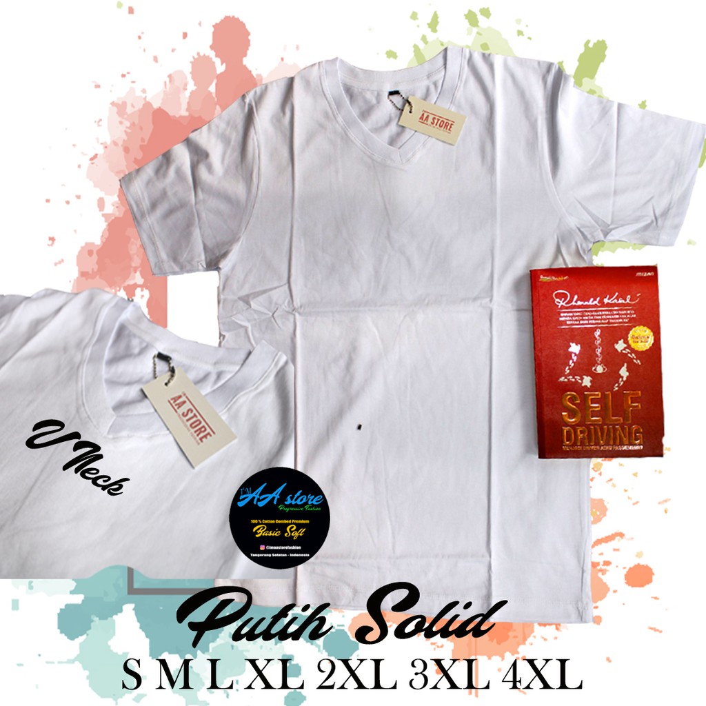 KAOS POLOS COTTON COMBED 30s PRIA WANITA KERAH V-NECK 'PUTIH SOLID'