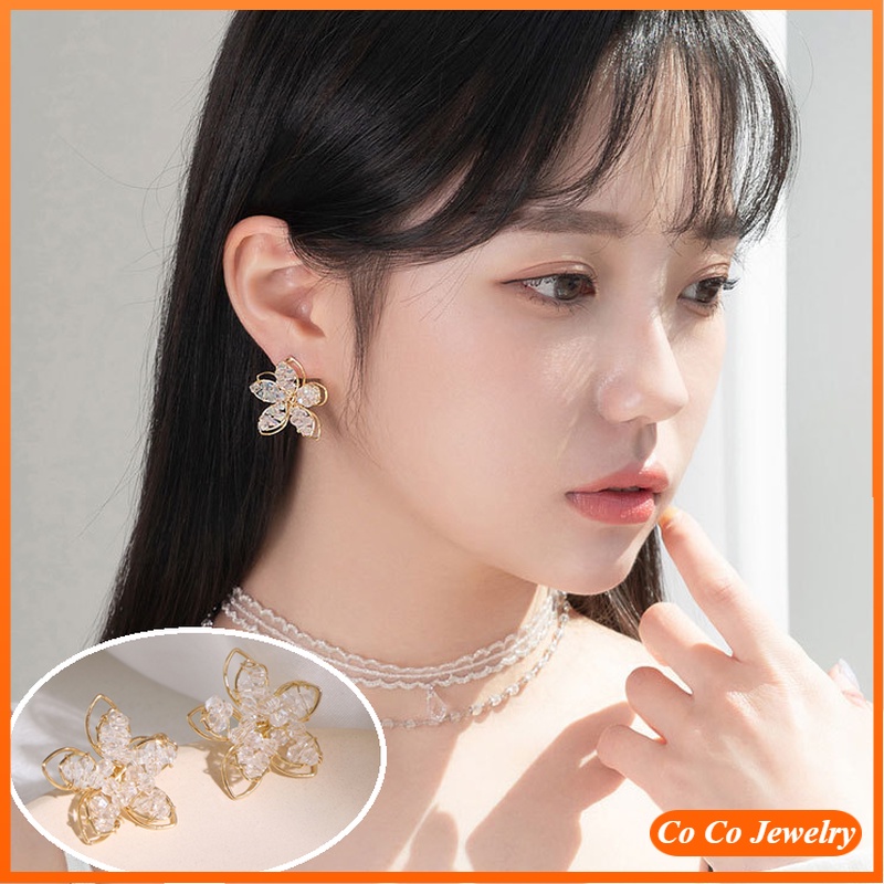 Anting Stud Desain Bunga Kristal Ganda Bahan S925 Silver Needle Gaya Korea Untuk Wanita