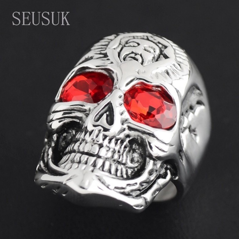 SEUSUK   Cincin Model Terbuka Desain Tengkorak Gaya Gothic Punk untuk Pria