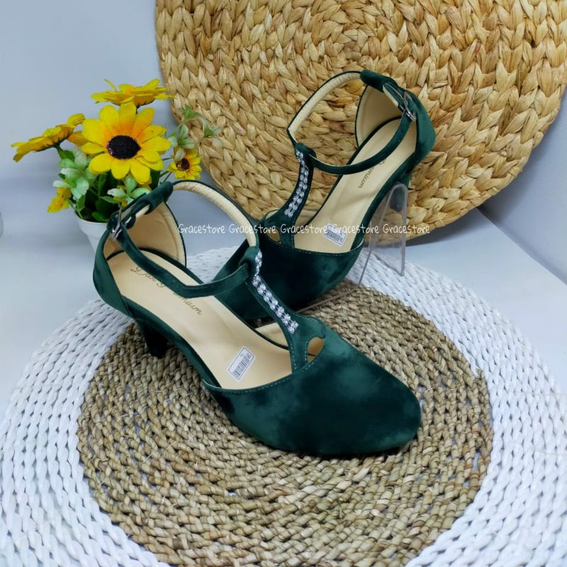Heels wanita warna hijau warna hitam - sandal wanita korea - heels wanita hak lancip Pd334-6