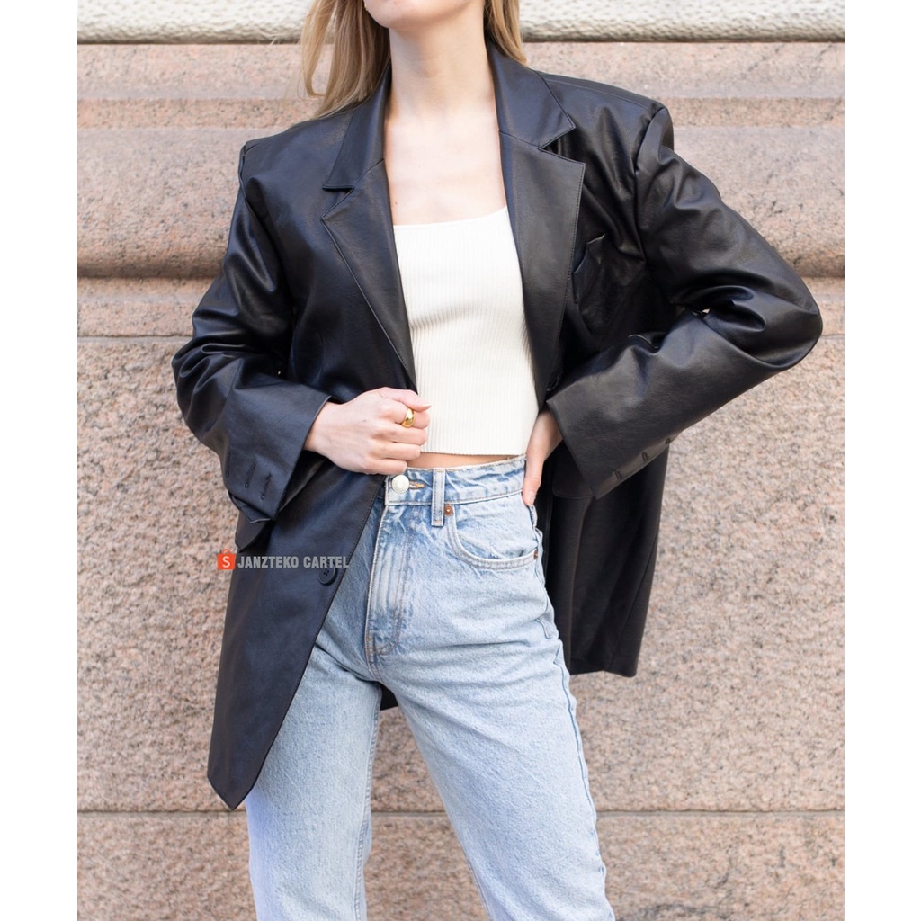 JNK x ARIES - Blazer Jas Wanita Casual Korea Kekinian Modern Friendly Bahan Semi Kulit Sintetis Viena Faux Synthetic Leather Jacket Blezer One Set Setelan Atasan Cewek Perempuan Outfit Hijab Baju Pakaian Acara Kasual Pesta Remaja Dewasa Anak Muda OOTD ORI