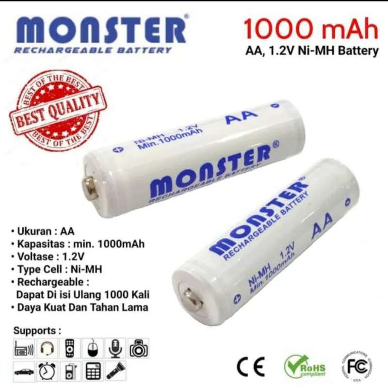 Baterai AA Cas Ulang 1000mAh 1.2v MONSTER - Batre A2 Rechargeable