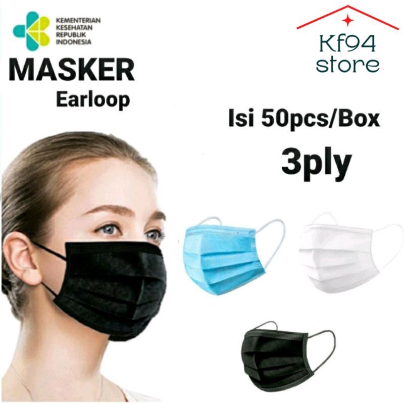 Masker erloop 3ply isi 50pcs warna hitam putih biru