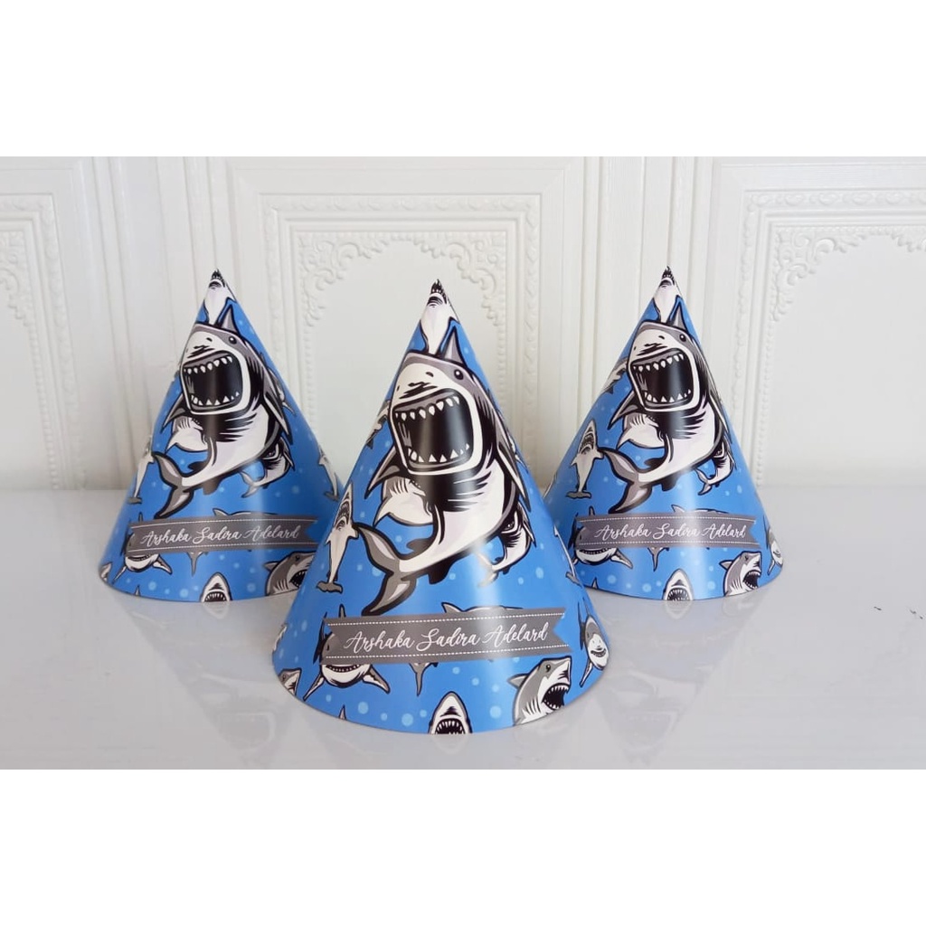 topi kerucut shark / topi ultah kerucut shark / topi kerucut custom paus / topi ultah kerucut paus