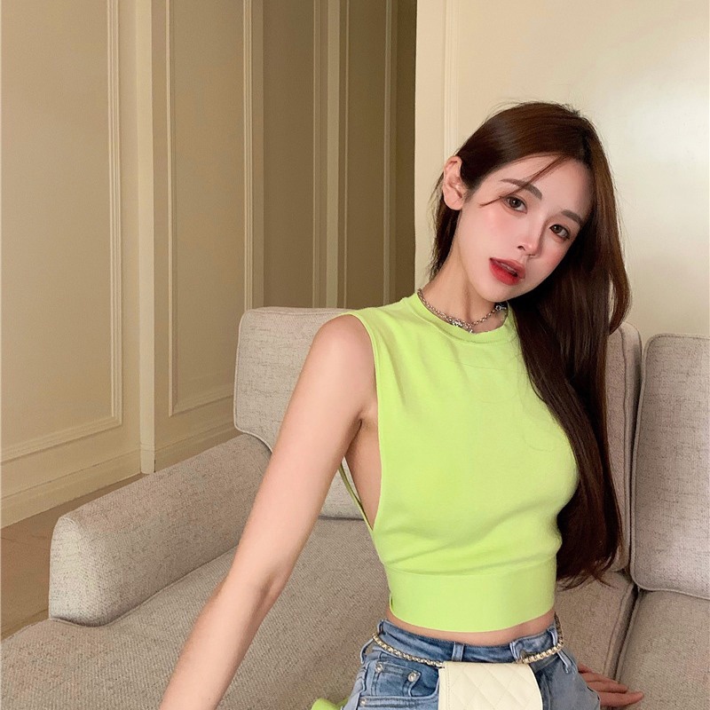 Pendek halter neck tanpa lengan rompi top bottoming kemeja terbuka kembali strappy suspender wanita