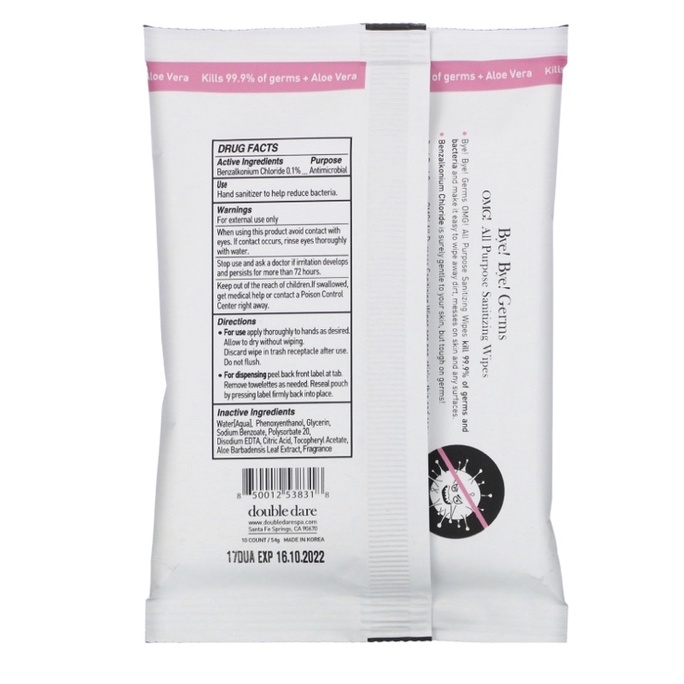 tissu basah / wet tissue Double Dare Bye! Bye! Germs OMG! All Purpose Sanitizing Wipes, 10 Wipes
