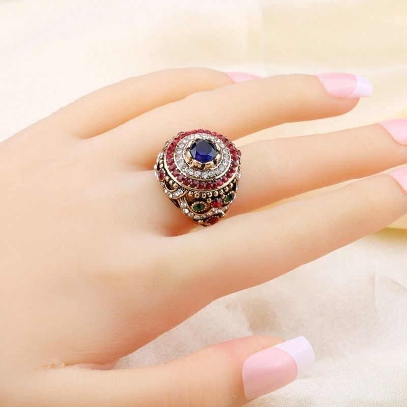 Luxury Multicolor Gemstone Ring for Women Gold Color Party Christmas Gift Turkish Style Jewelry