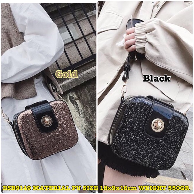 2 Tas 1 Kg  ESB9149 Tas Import Wanita Selempang Wanita Box Square Glitter Blink Coin Tas batam